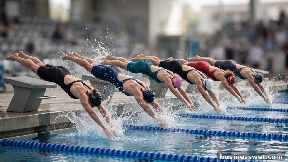Zwemmers die vanaf de startblokken het water induiken in een olympisch zwembad.